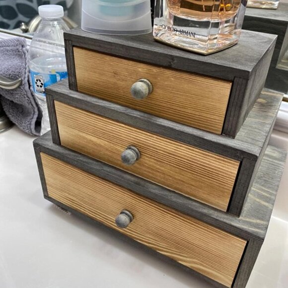 NEW 3 Drawer Rustic Wooden Jewelry and Cosmetic Vanity Organizer - Picture 2 of 8